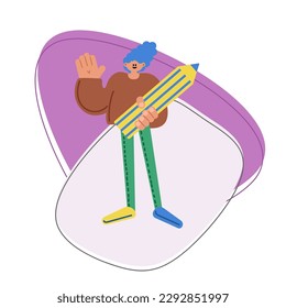 Student with a large Pencil. Young person holding pencil. Cute funny isolated characters. Cartoon style. Hand drawn Vector illustration. Drawing, writing, creating, design, blogging concept