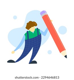 Student with a large Pencil. Young person holding pencil. Cute funny isolated character. Cartoon flat style. Hand drawn Vector illustration. Drawing, writing, creating, design, blogging concept