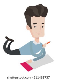 Student laying on the floor and writing in exercise book. Student laying with an exercise book. Student doing homework in exercise book. Vector flat design illustration isolated on white background.