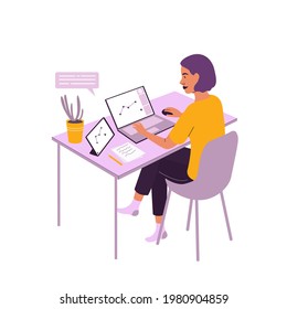 Student learn to draw in graphic editor online at home. Online education in drawing. Vector illustration in a flat cartoon style for online courses.