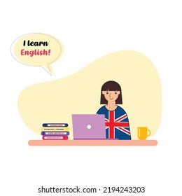 A student learn English language. Internet banner or ad. Vector illustration on white background for English schools, courses. Time to learn languages. 