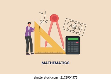 Student learn math using math tools. Subjects concept in school and university. Flat vector illustration isolated.