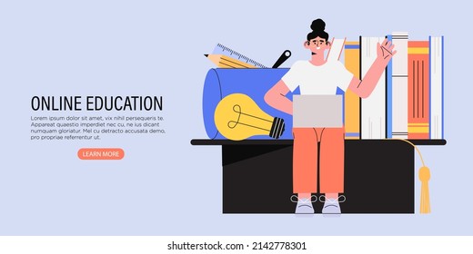 Student learn online at home. Character sit and look at laptop. Studying character with exercise books. Online education or courses at university or college. Distance learning degree for graduate.