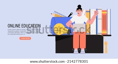 Student learn online at home. Character sit and look at laptop. Studying character with exercise books. Online education or courses at university or college. Distance learning degree for graduate.