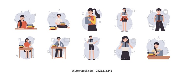 Conjunto de ilustração plana Student Learning Character. Incluir alunos, educação, aprendizagem, estudo e pensamento crítico. Ilustração vetorial isolada.