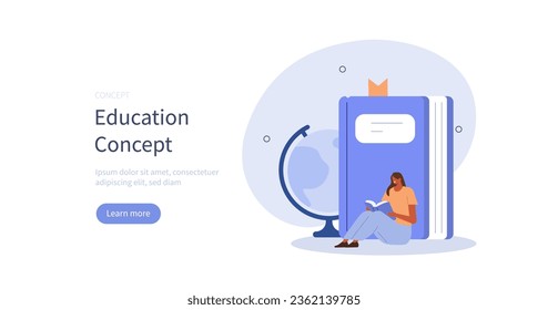 Student learning. Character studying with educational books on various subjects.  Education and knowledge concept. Vector illustration.