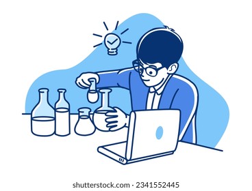  a student learning chemistry from online in front of a laptop vector cartoon flat design blue and white 