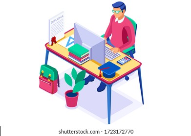 Studierende lernen für den Abschluss in der Klasse mit Büchern. Kurse, Klassenarbeit für den Diplomtest zu lernen, Akademie Schüler Online-Gerät, die auf Test arbeiten. Diplome für Studenten, akademische Ausbildung. Vektorgrafik.