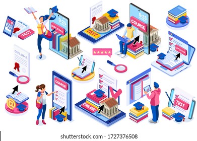 Student Learning For Diploma At The Class With Books. Course, Class Work For Diploma Test Learning, Academy Student On Online Device Working On Test. Diplomas For Students, Academy Education. Vector.