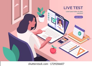 Student learning for diploma at the class with books. Course, class work for diploma test learning, academy student on online device working on test. Diplomas for students, academy education. Vector.