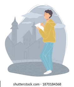 Student learning to draw cityscapes and skylines. Hobby of man standing by castle or city. Male character on weekends painting building on notebook. Sketchbook in hands. Vector in flat style