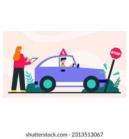 L'étudiant apprend à conduire. Le personnage masculin était impliqué dans un accident de voiture. L'instructeur enregistre les infractions aux règles de circulation. Erreurs dans l'apprentissage de la voiture. Classes pratiques, freinage trop lent