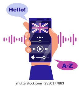 The student is learning English online. Template for a language learning app. Studying with a smartphone, listening and speaking in English. Phone in hand. Vector illustration flat design. 