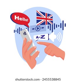 The student is learning English online. Template for a language learning app. Studying with a smartphone, listening and speaking in English. Phone in hand. Vector illustration flat design. 