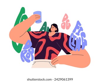 Student learning foreign language on courses. Girl studies vocabulary, grammar in English speaking class. Self education concept. Abstract drops of words. Flat isolated vector illustration on white