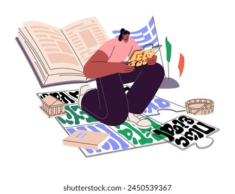 Student learning foreign languages concept. Polyglot studies italian, greek on linguistic speak course. Person improves vocabulary with book. Flat isolated vector illustration on white background
