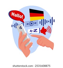 The student is learning German online. Template for a language learning app. Studying with a smartphone, listening and speaking in deutsch. Phone in hand. Vector illustration flat design. 