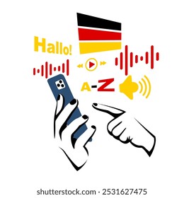 Der Student lernt online Deutsch. Vorlage für eine Sprachlernapp. Lernen mit dem Smartphone, Hören und Sprechen auf Deutsch. Telefon in der Hand. Flaches Design, Vektorgrafik. 