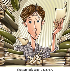 Student learning hard. Tired teenager surrounded by lots of books and papers, preparing for exam passing. Education vector illustration.
