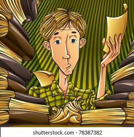 Student learning hard. Tired teenager surrounded by lots of books and papers late at night, preparing for exam passing. Education vector illustration.