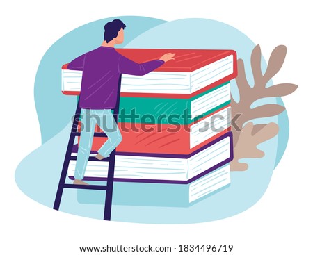 Student learning info from books, personal development or preparation for exams. Textbooks with information on disciplines, university or college, informative volumes. Boy on ladder, vector in flat