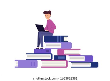 El estudiante está aprendiendo. una gran pila de libros en ellos se sienta un joven con una laptop. Ilustración vectorial en diseño plano moderno.