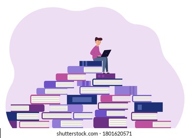 The student is learning. large pile of books on them sits young man with laptop. Vector illustration in modern flat design.