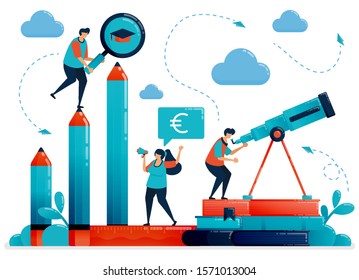 Student learning level with charts and pencil. Looking into future with education. Scholarships, charts, fees for study and training.Vector illustration, landing page, card, banner, brochure, flyer