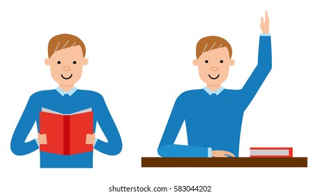 The student is learning the material in the textbook, and then answering in the exam. Vector flat design illustrations isolated on white background.