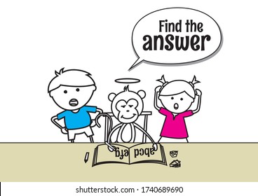 Student in learning with monkey. Funny doodle illustration.
