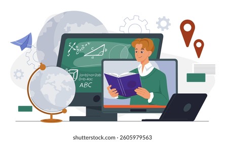 A student learning online with books, laptop, chalkboard, globe, and digital tools around, in flat cartoon style on a white background. Concept of e-learning. Vector illustration