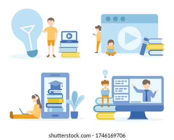 Estudiantes aprendiendo cursos en línea. Ilustración conceptual de la educación para la formación, el estudio, el e-learning y el curso en línea.