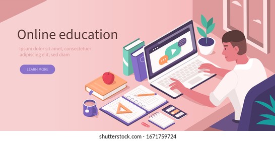 Student Learning Online at Home. Character Sitting at Desk, Looking at Laptop and Studying with  Smartphone, Books and Exercise Books. Online Education Concept. Flat Isometric Vector  Illustration.