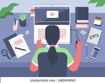 Student Learning Online at Home. Character Sitting at Desk, Looking at Laptop and Studying with Smartphone, Books and Exercise Books. Online Education Concept. Flat Cartoon Vector Illustration.