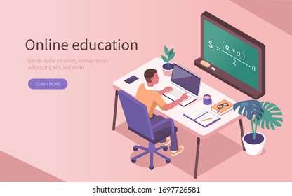 Student Learning Online At Home. Character Sitting At Desk, Looking At Laptop And Studying With  Smartphone, Books And Exercise Books. Online Education Concept. Flat Isometric Vector  Illustration.