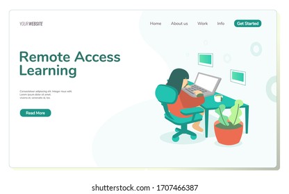 Student Learning Online at Home. Character Sitting at Desk, Looking at Laptop. With a Pot of Succulent Plant. Flat Isometric Vector Illustration.