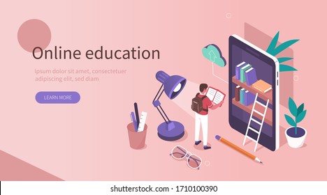 Student Learning Online at Home. Character Reading Book in Online Library and Studying with Smartphone. Mobile Education Concept. Flat Isometric Vector  Illustration.