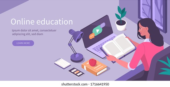 Student Learning Online at Home. Character Sitting at Desk, Looking at Laptop and Studying with Smartphone, Books and Exercise Books. Online Education Concept. Flat Isometric Vector  Illustration.