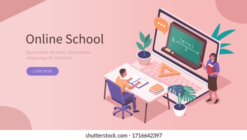 Student Learning Online at Home. Character Sitting at Desk, Looking at Laptop and Studying with Exercise Books. Teacher Help him. Online Education Concept. Flat Isometric Vector  Illustration.