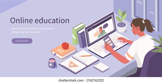 Student Learning Online At Home. Character Sitting At Desk, Looking At Laptop And Studying With  Smartphone, Books And Exercise Books. Online Education Concept. Flat Isometric Vector  Illustration.