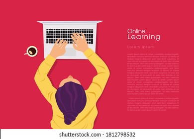 Student Learning Online at Home. Character lying on the floor, Looking at the Laptop and Studying. Online Education Concept. Flat Vector Illustration.