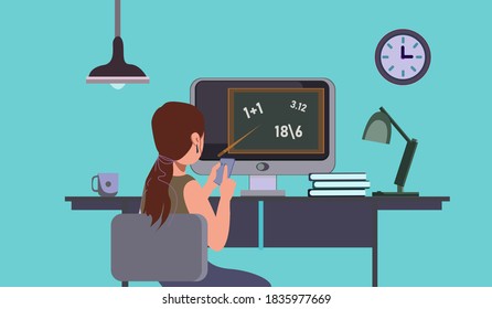 Estudiante aprendiendo en línea en casa. Personajes sentados en el escritorio, mirando el portátil y estudiando con Smartphone. Seminario web, aula digital, metáforas de enseñanza en línea. Ilustraciones de metáforas de concepto de vector