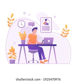 Student Learning Online at Home. Character Sitting at Desk, Looking at Laptop and Studying with Smartphone, Books and Exercise Books. Online Education Concept.