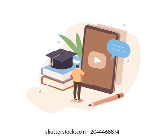 Student learning online at home. Character looking educational video on smartphone. Online education and e-learning concept. Flat isometric vector illustration isolated.