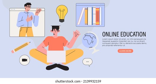 Student learning online at home. Character sitting and looking at laptop. Studying character with exercise books and tutor or professor talking through conference or video call. Online education.