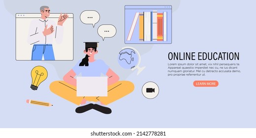 Student learning online at home. Character sitting and looking at laptop. Studying character with exercise books and tutor or professor talking through conference or video call. Online education.