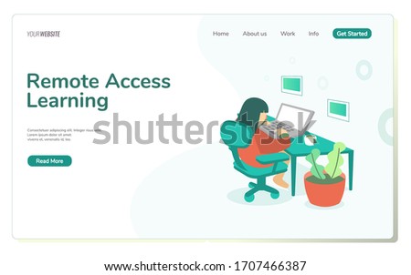 Student Learning Online at Home. Character Sitting at Desk, Looking at Laptop. With a Pot of Succulent Plant. Flat Isometric Vector Illustration.