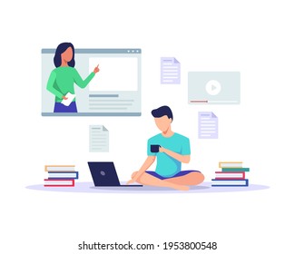 Student learning online at home. Man looking at laptop and studying with mentor explain in online class. Online course, Video lesson, E-learning concept. Distance learning. Vector in a flat style