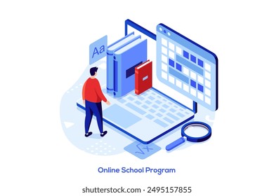 Student Learning Online at Home. Man Characters Looking at Laptop and Studying with Books and Exercise Books. Online Education Concept. Flat Isometric Vector Illustration.