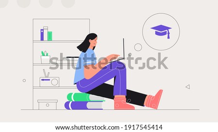 Student learning online at Home. Young woman sits on a stack of books and studies online on a laptop. Flat style vector illustration. The concept of distance learning.